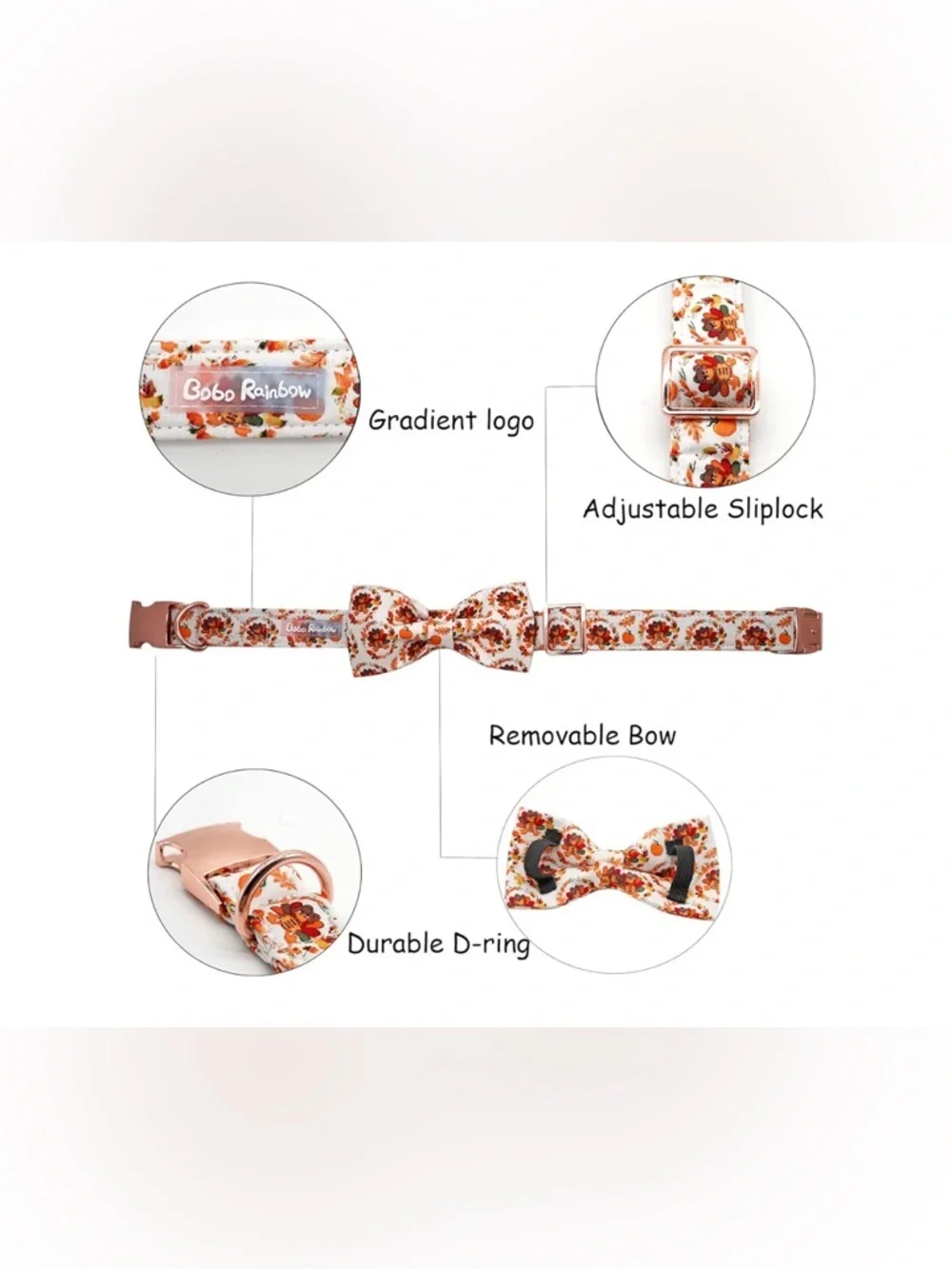 NEW-Medium Festive Fall Turkey Print Dog Collar & Bow Tie Set - White & Orange